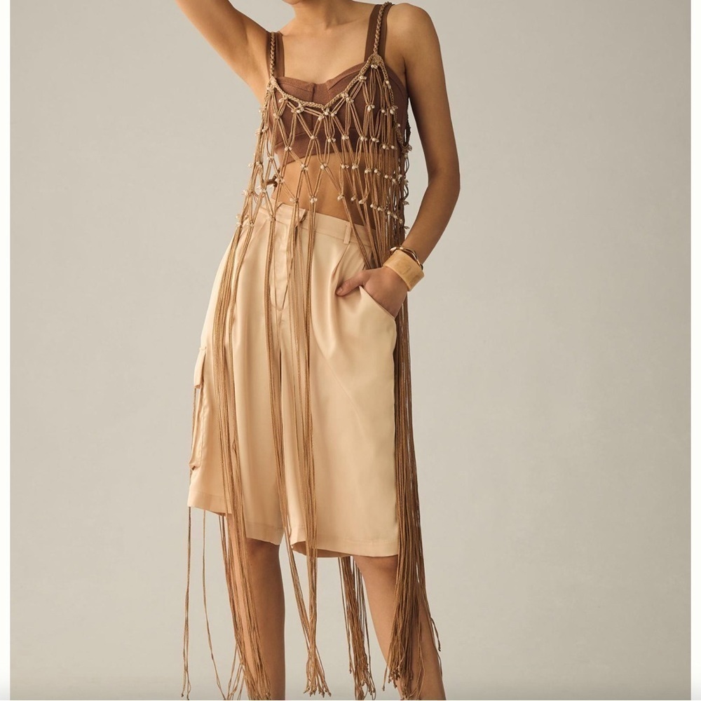 Anthropologie Satin Utility Cargo Long Shorts Champagne Beige‎ High Rise Pleated
